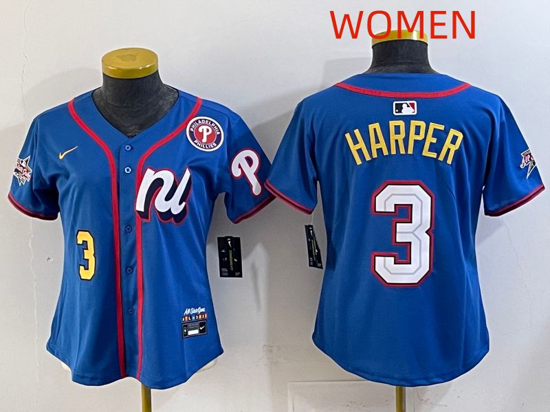Women 2025 Philadelphia Phillies #3 Harper Blue All star Nike MLB Jersey style 06->women mlb jersey->Women Jersey